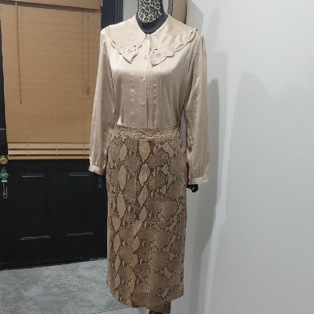 Elegant Cream and Brown Faux Leather Skirt With Matching Blouse